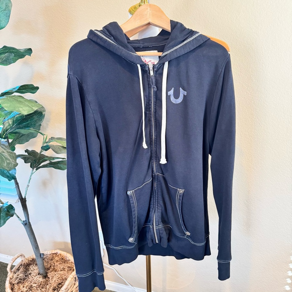 True Religion Men’s L Classic Logo Zip Hoodie Sweatshirt Buddha Black Cotton